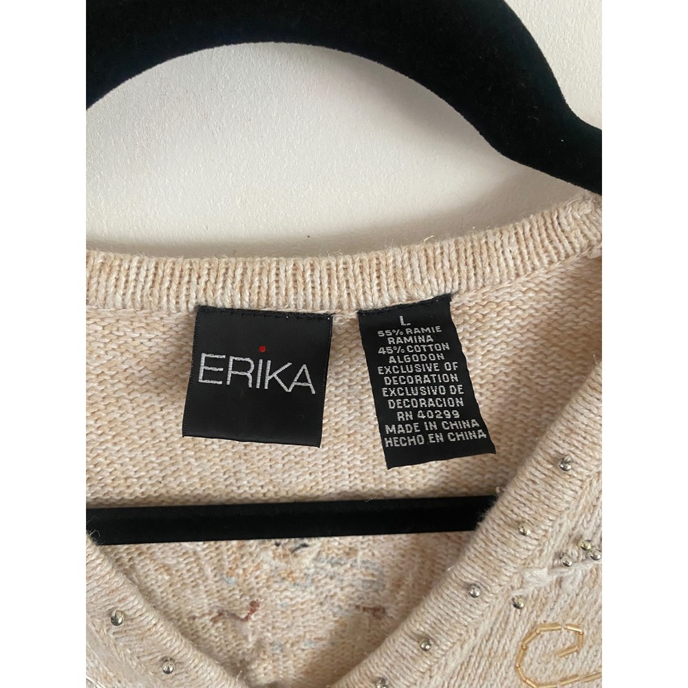 Erika Vintage Snowman Embroidered Beaded Sweater Vest Beige Womens Large Holiday - Picture 2 of 5